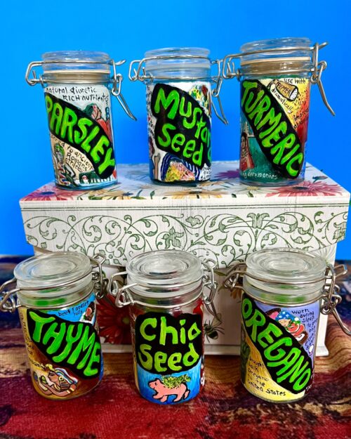 Hand Painted Gift Set of Six Jars for Spices. All Jars are Sold Empty